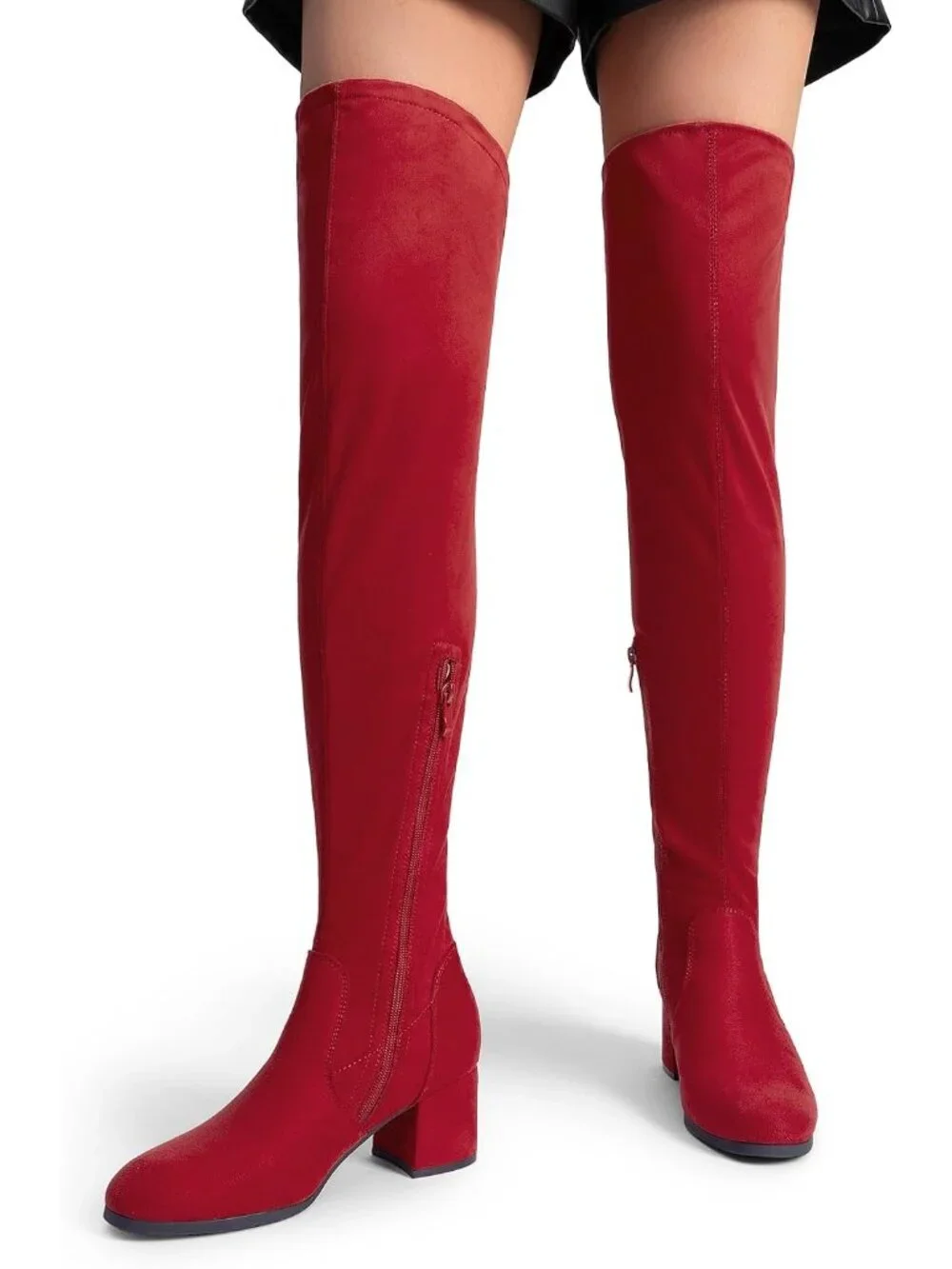 Women's Red Faux Suede Fall Chunky Heel Over The Knee Thigh High Boots